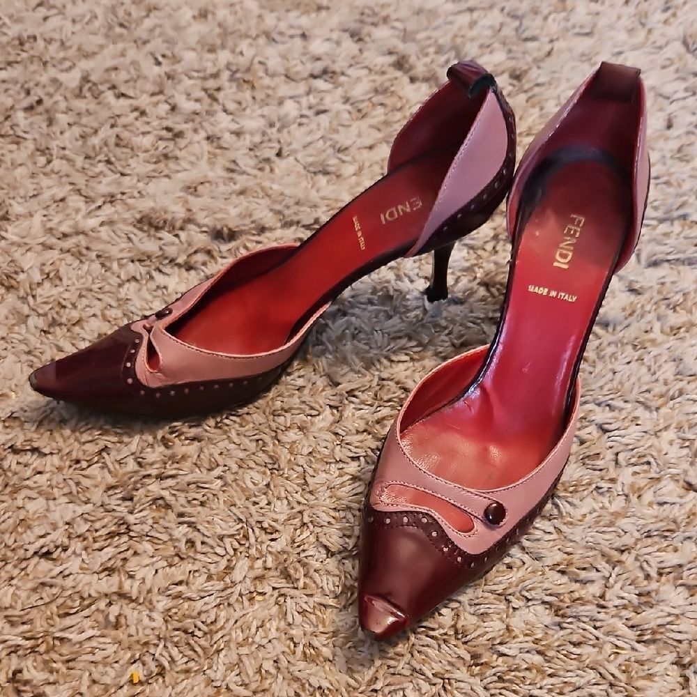Fendi PROJECT Two-Tone Leather Heels – Burgundy & Blush Size 36.5